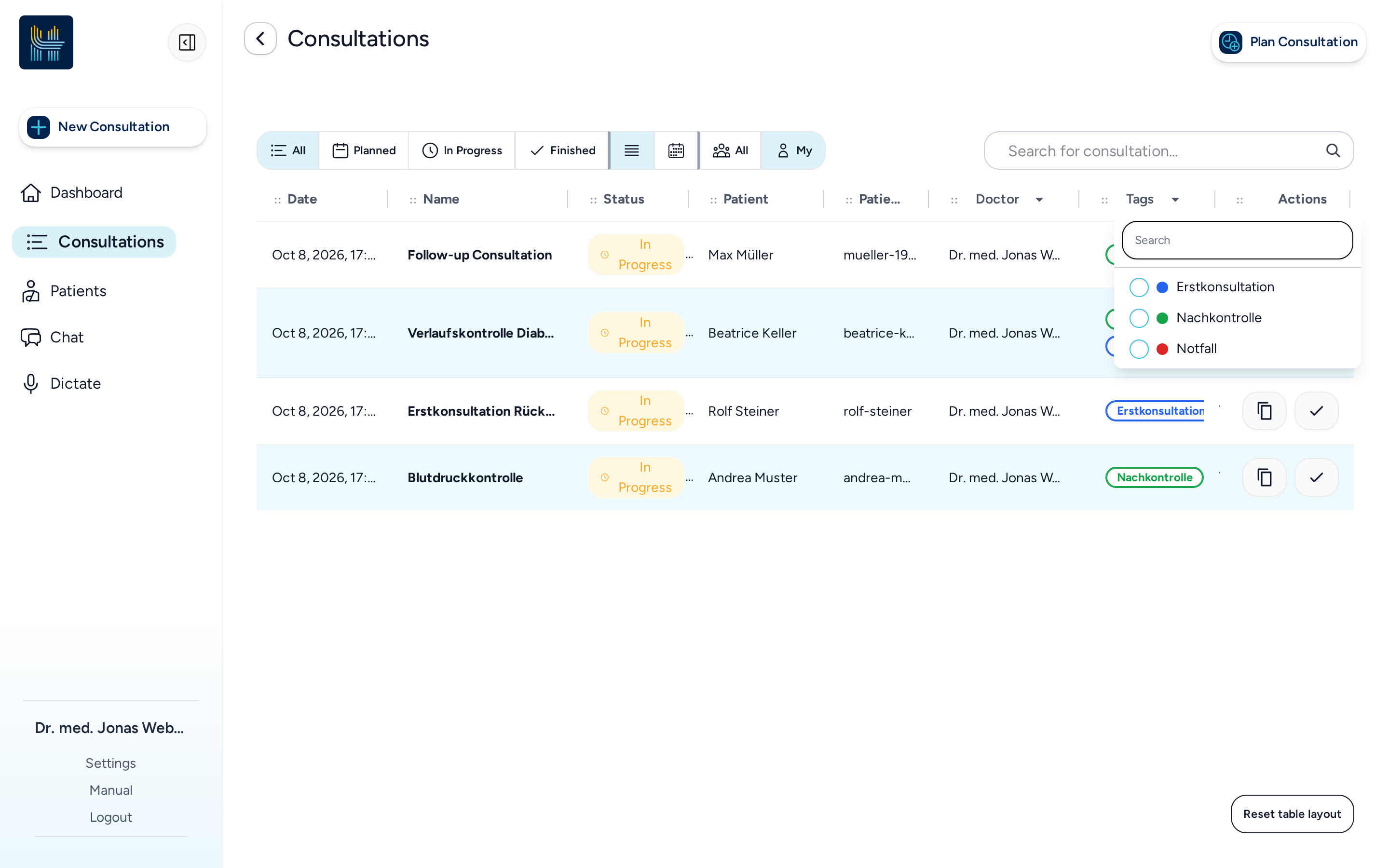 Filtering consultations by doctor and tag