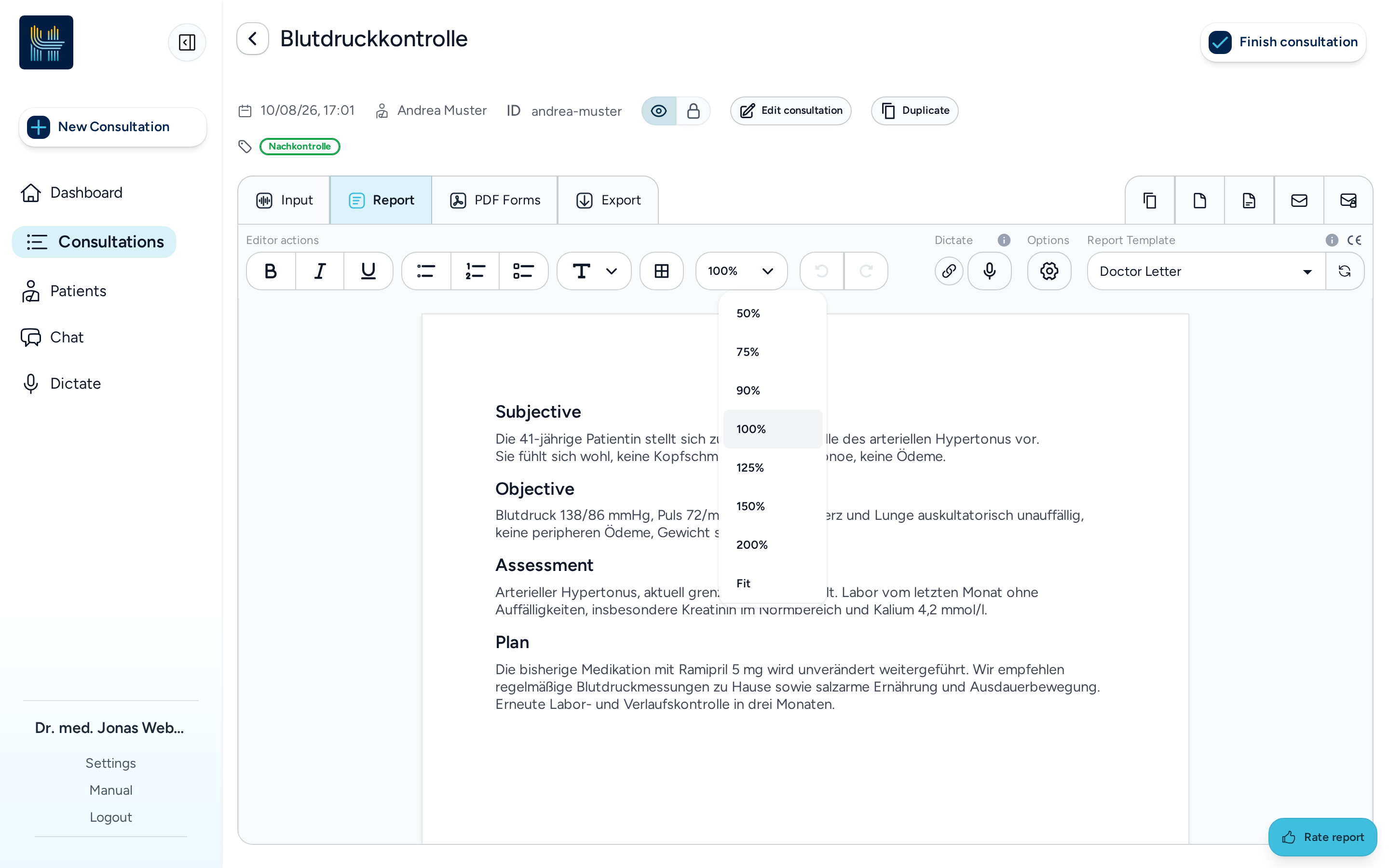 A4 page with a zoom menu